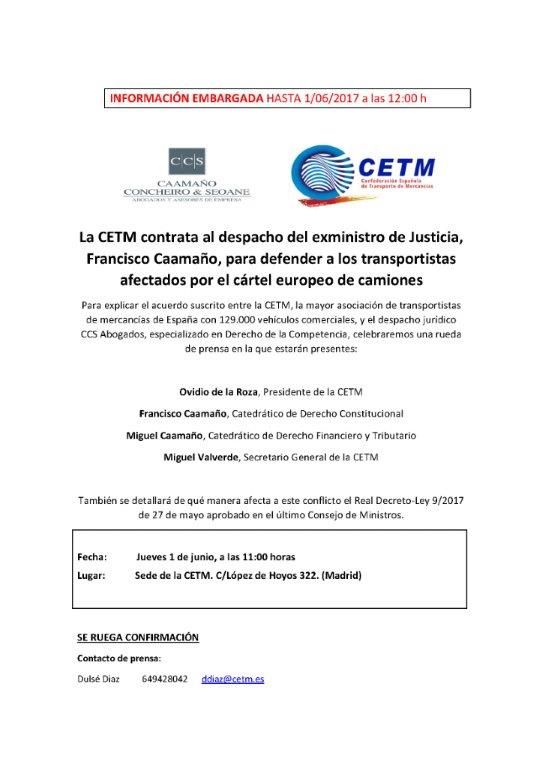 La CETM contrata al despacho del exministro de Justicia, Francisco Caamaño, para defender a los transportistas afectados por el cártel europeo de camiones