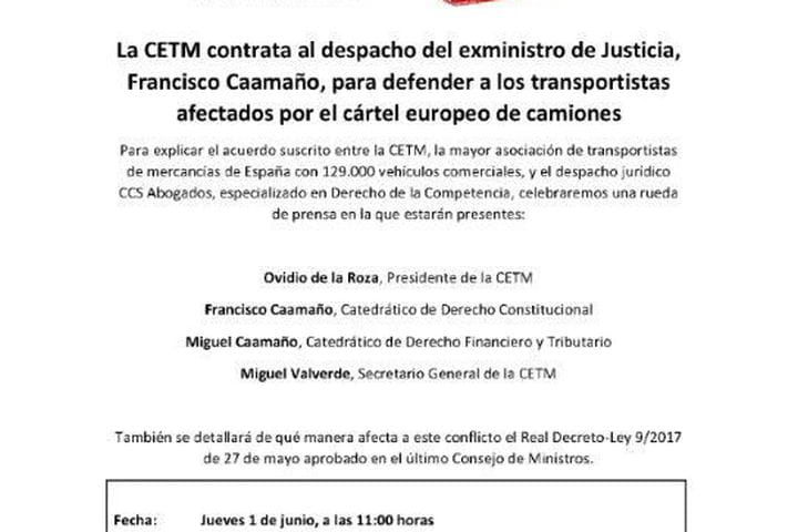 La CETM contrata al despacho del exministro de Justicia, Francisco Caamaño, para defender a los transportistas afectados por el cártel europeo de camiones