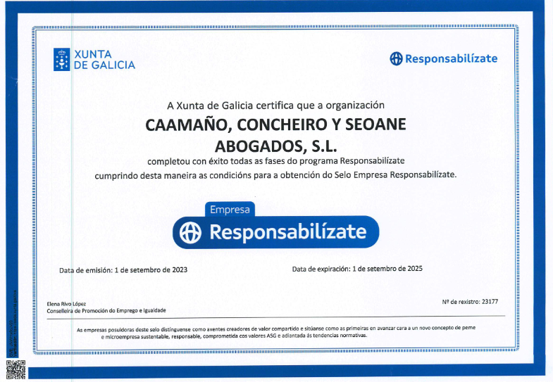 CCS Abogados recibe el Sello de Empresa Responsabilízate de la Xunta de Galicia por su compromiso en materia de RSE