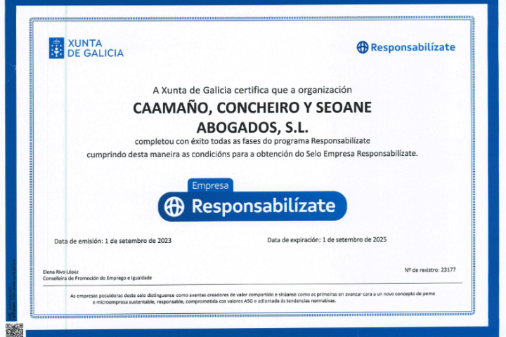 CCS Abogados recibe el Sello de Empresa Responsabilízate de la Xunta de Galicia por su compromiso en materia de RSE